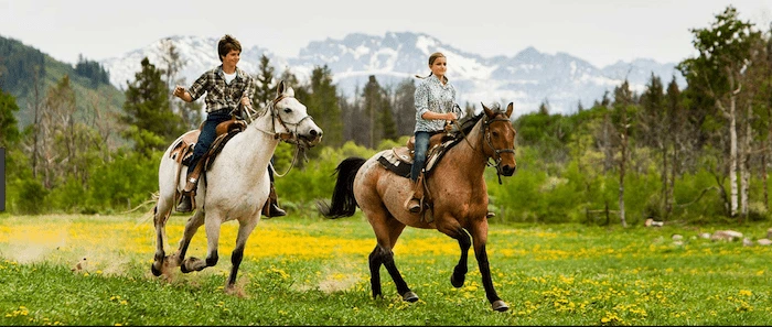 Confident plus-size woman riding Moseley a horse through a field with a smile on her face.